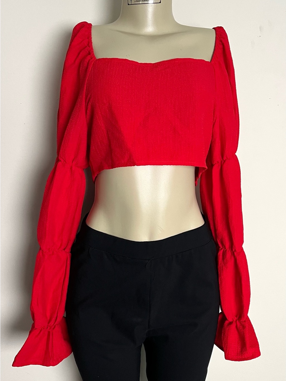 SHEIN Bright Red Square Neck Puff Sleeve Cropped Top